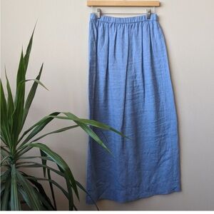 FLAX Chambray Linen Blue Dotted Slit Flowy Maxi Skirt Lagenlook Size Large